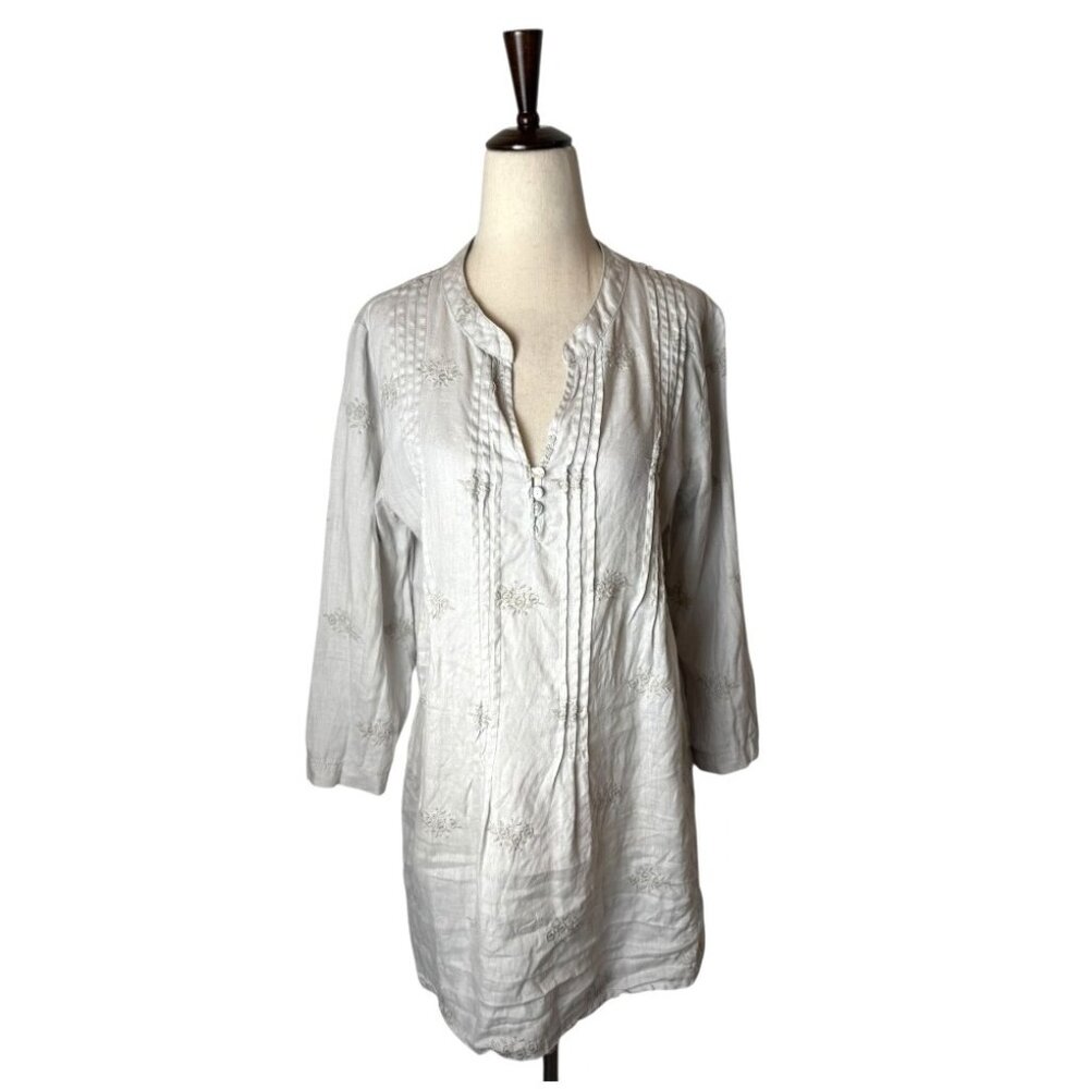 Saint Tropez West Women Small Gray Linen Embroidered Tunic Top Lagenlook Boho